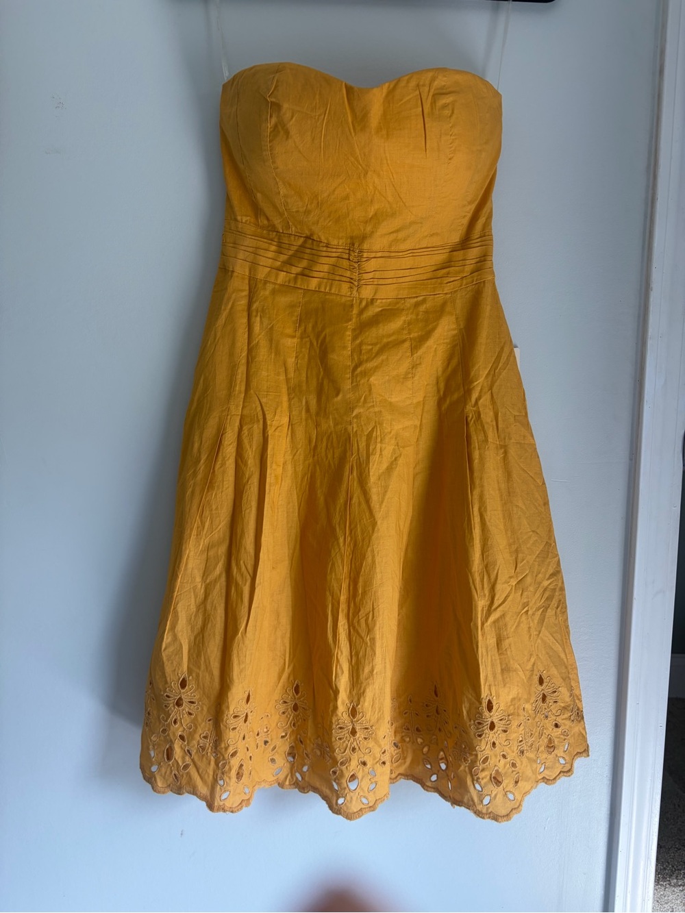 Strapless Yellow Eyelet Hem Boho Knee Length Sundress with built in bra size S